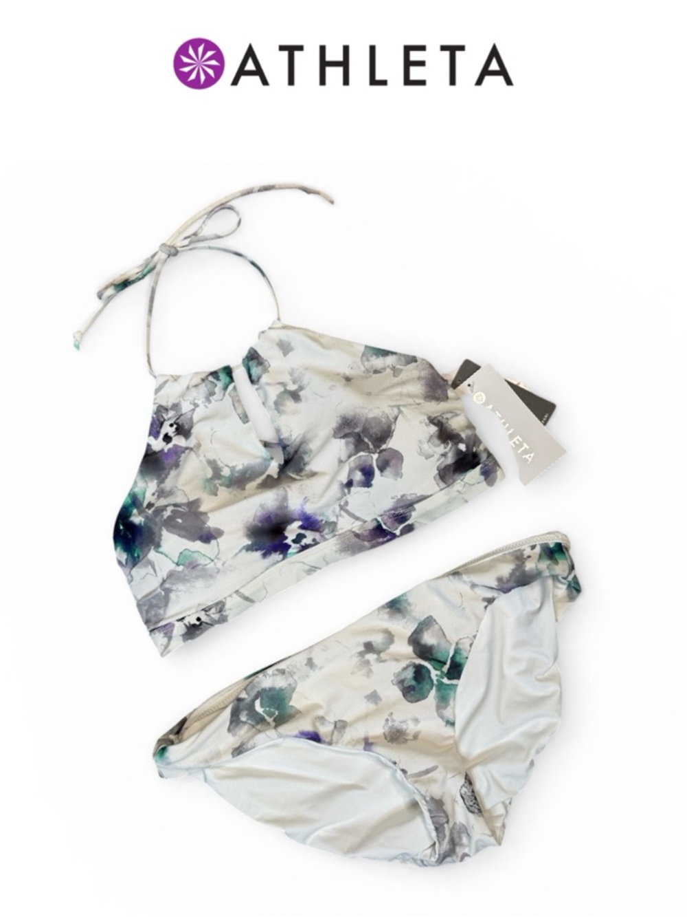 ATHLETA WATERCOLOR HALTER KEYHOLE BIKINI SET REVERSIBLE BOTTOMS UPF 50 **NWT**